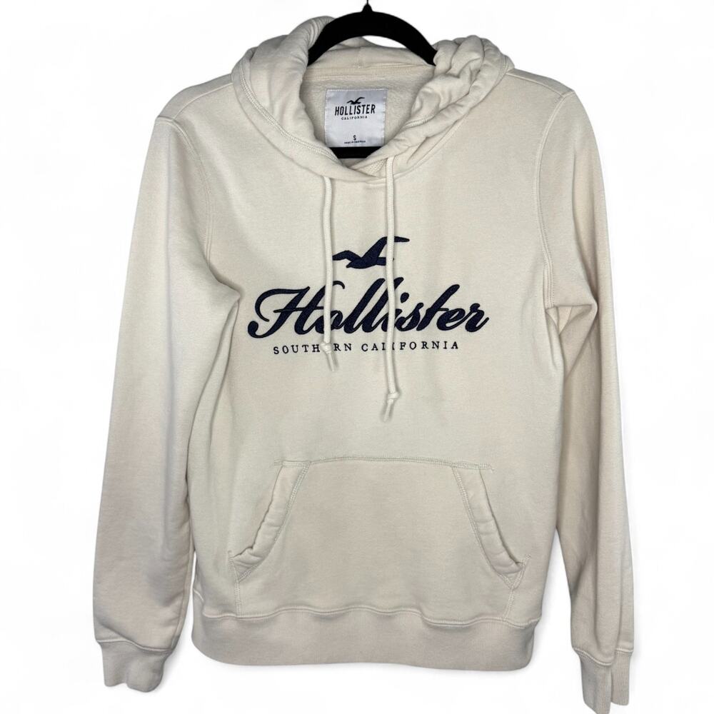Hollister Beige Logo Hoodie Sweatshirt Small Classic‎ Y2K Preppy Cozy Pullover